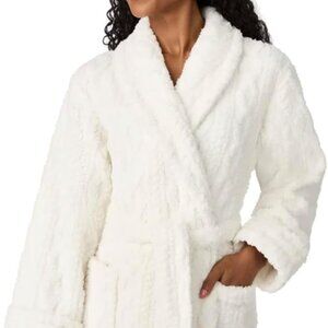 Women's White Cable Knit Cozy Wrap Robe with Pockets